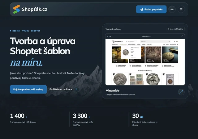 Náhled skutečné úvodní stránky Shopťák – e-shopy na Shoptetu